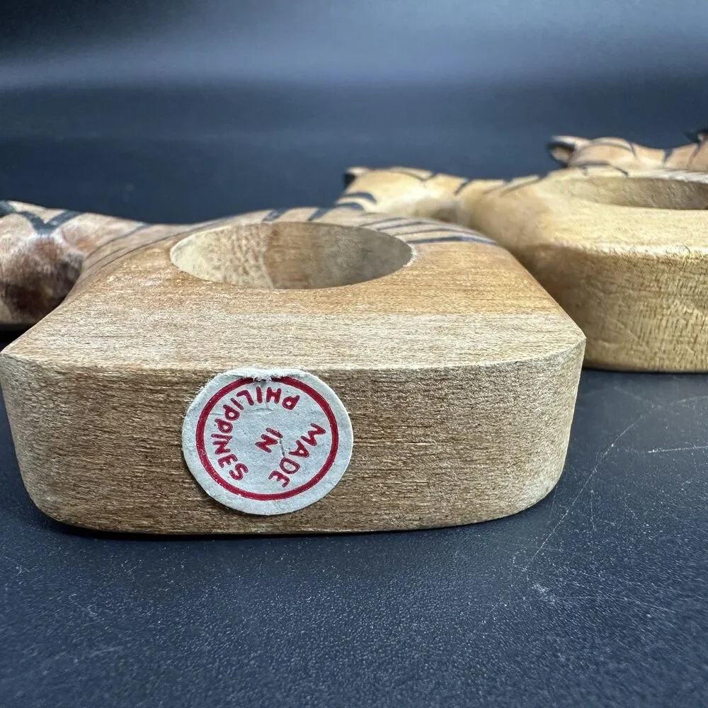 Vintage Wood Zebra Napkin Rings Set 4 Hand Carved Philippine Safari Table Decor